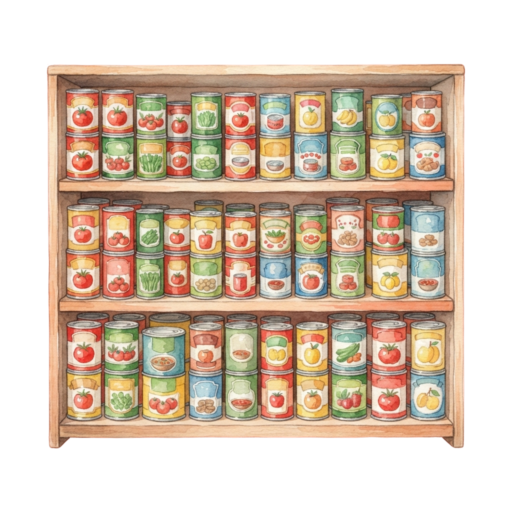 Three shelves filled with neatly arranged cans of various fruits and vegetables in different colors