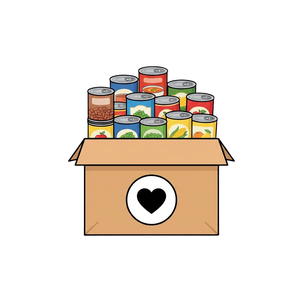 Illustration of a cardboard box filled with various colorful cans of vegetables and fruits, symbolizing food donation
