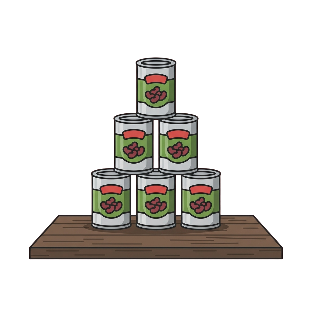 Illustration of five canned food items stacked in a pyramid shape on a wooden surface