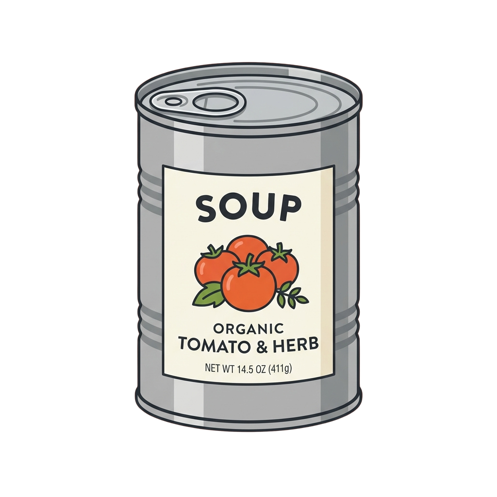 Illustration of a can of organic tomato and herb soup with tomatoes and herbs on the label