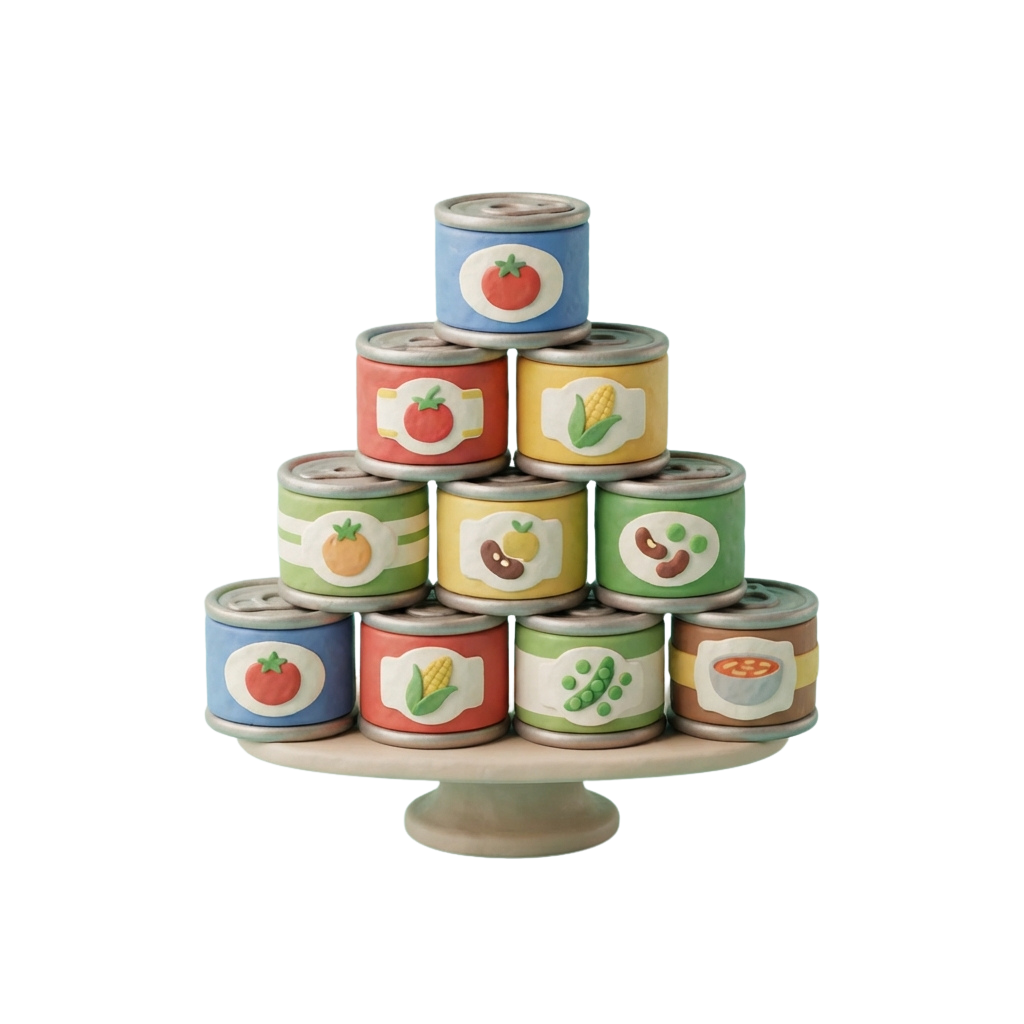 A pyramid stack of colorful canned food items with labels featuring fruits, vegetables, and pasta.