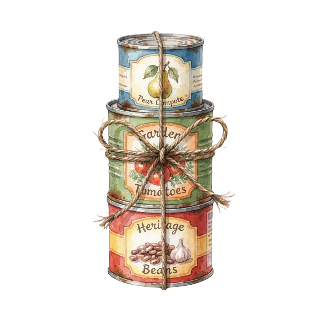 Three vintage-style cans of vegetables tied together with twine: pear compote, tomatoes, and beans