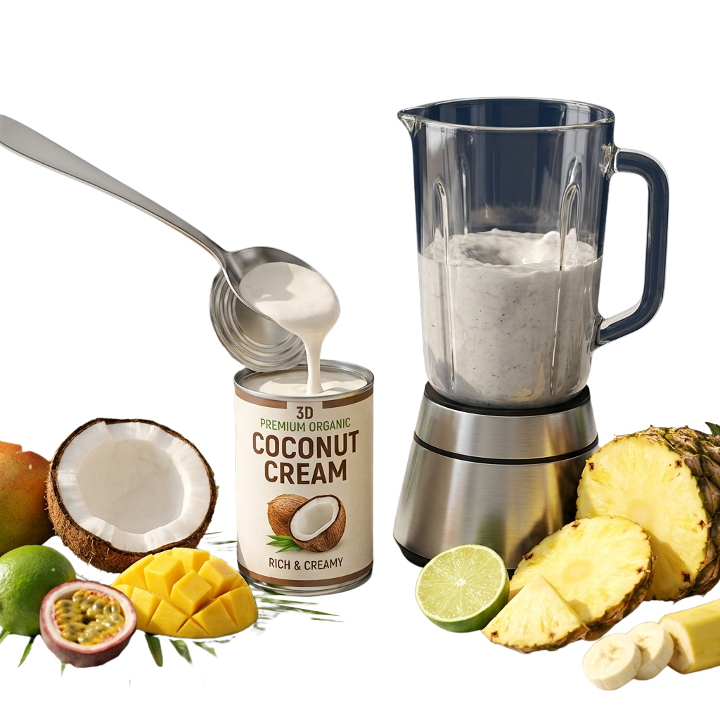 Coconut cream being poured into a blender with tropical fruits including pineapple, banana, passionfruit, lime, and coconut.
