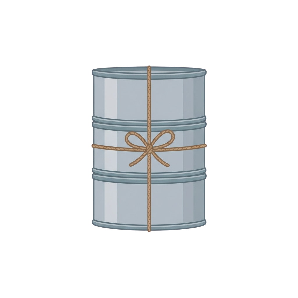 A blue cylindrical barrel tied with a light brown twine bow in the center