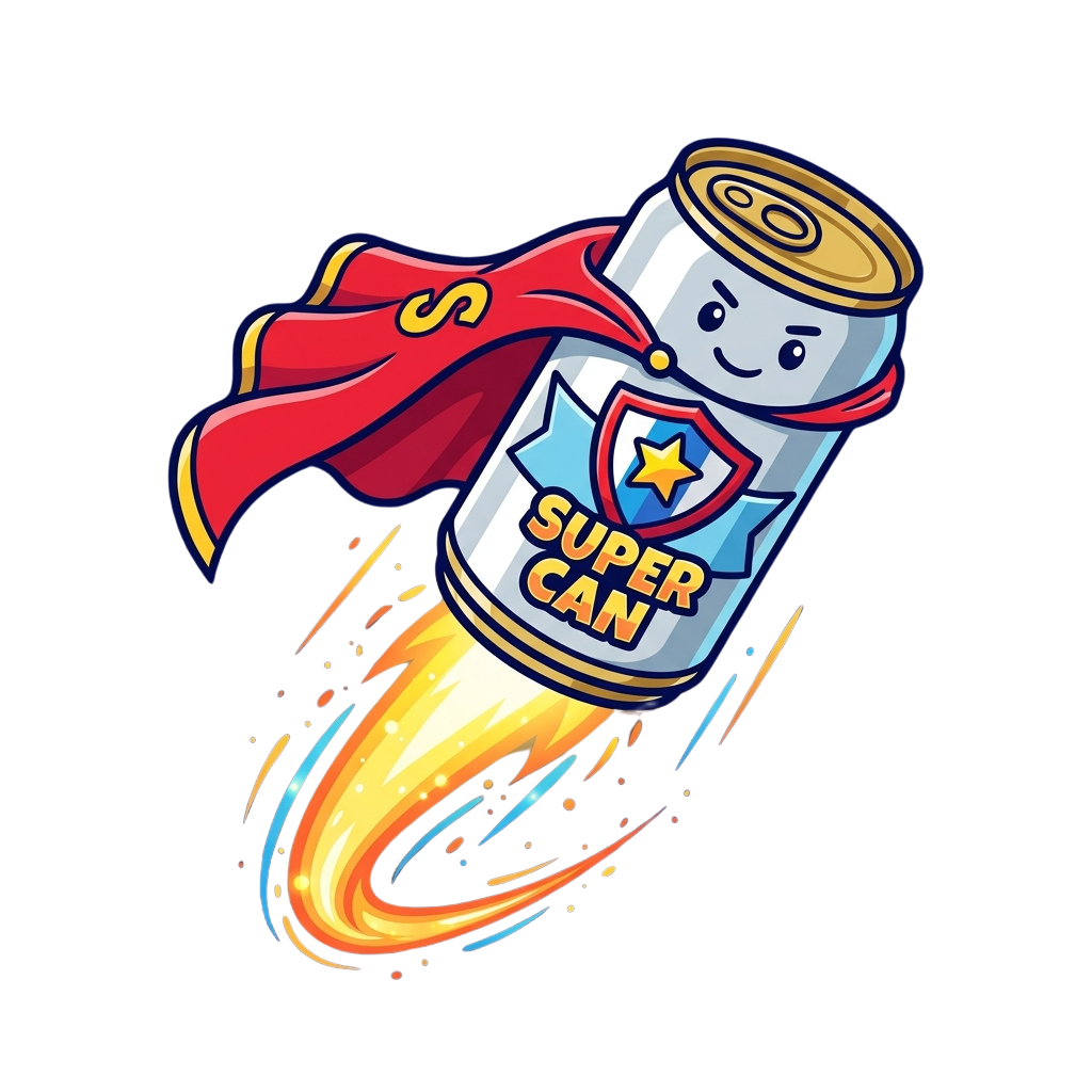 A smiling beverage can with a superhero cape and star emblem flying through space with a fiery trail.