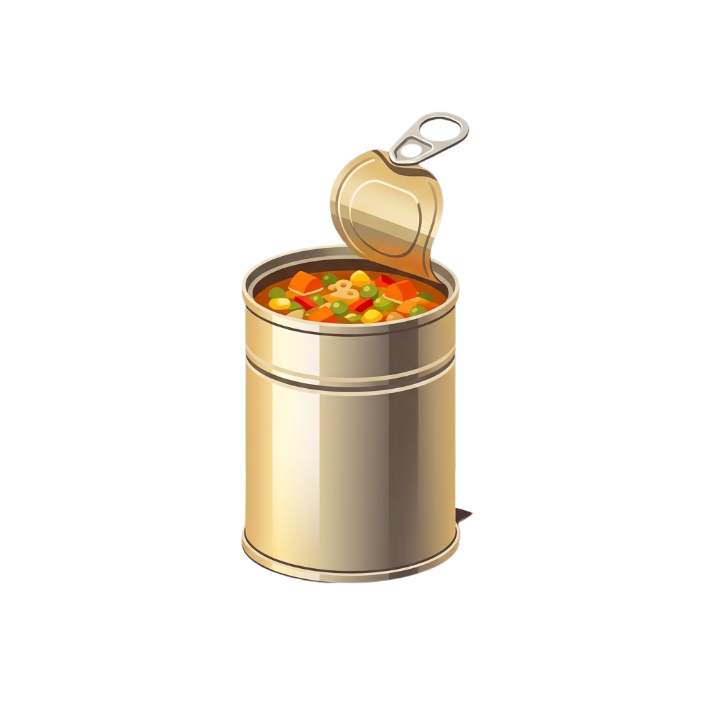 Illustration of an open can filled with colorful vegetable soup