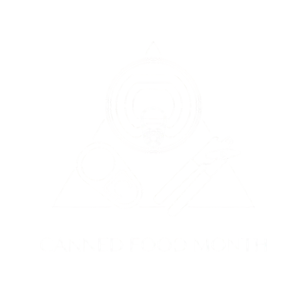 White line drawing of a canned food logo inside a triangle with the text Canned Food Month