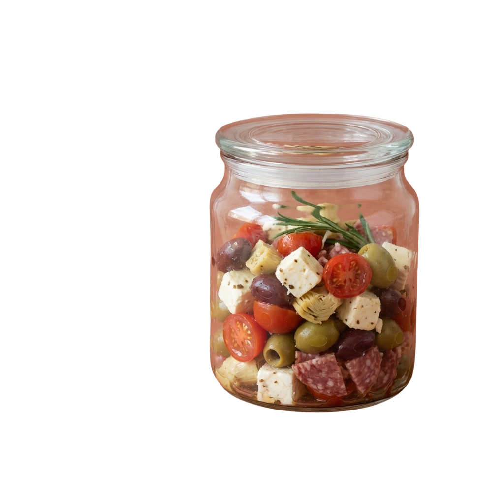 A glass jar filled with sliced tomatoes, olives, cheese, and herbs in a pink marinade or dressing