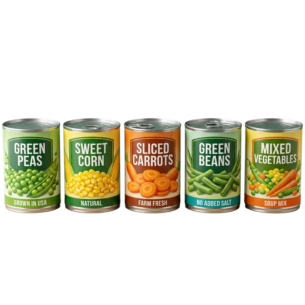 Five cans of vegetables: green peas, sweet corn, sliced carrots, green beans, and mixed vegetables.
