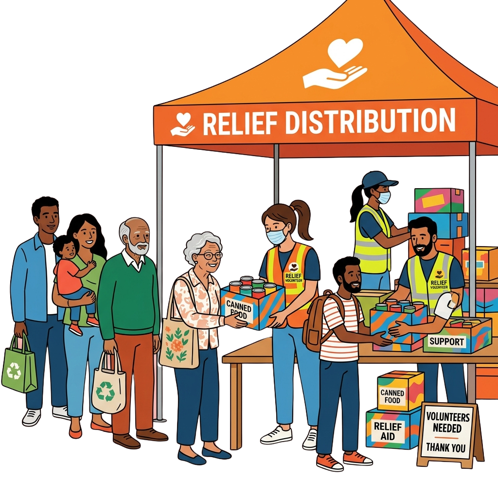 Volunteers handing out canned food and relief aid to families at a distribution tent