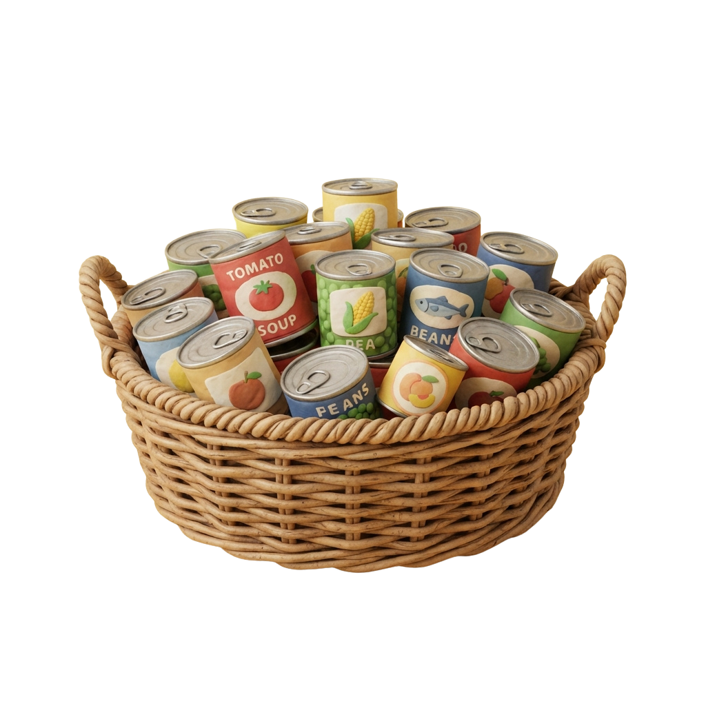 A wicker basket filled with various cans of soup and vegetables including tomato, beans, peas, and corn.