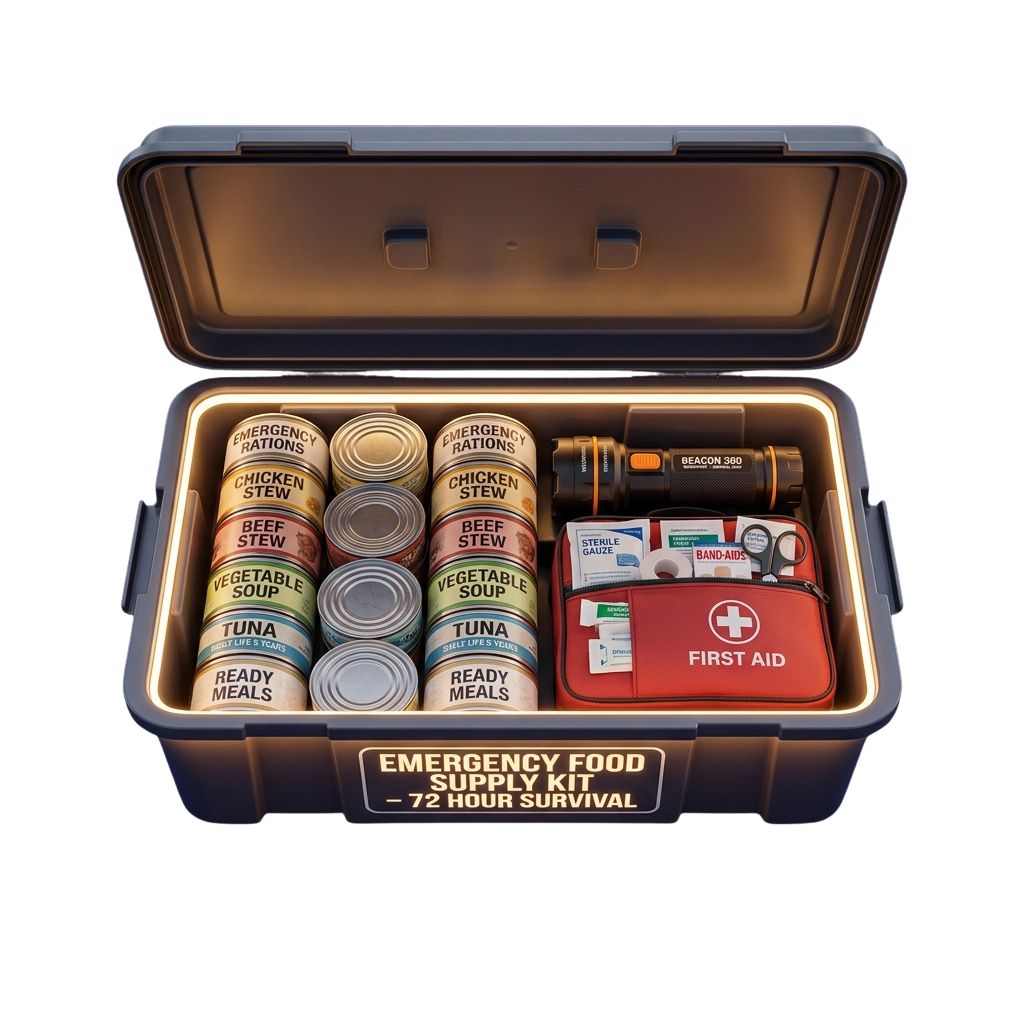 Open emergency kit with canned food, first aid supplies, flashlight, and label reading 72 hour survival
