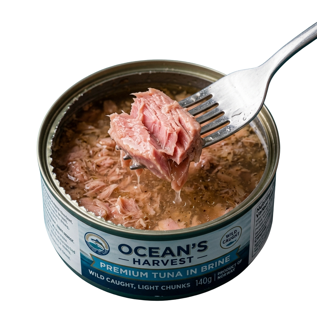 Open can of tuna in brine with a fork lifting a chunk of light tuna.