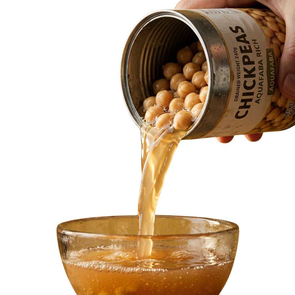 A hand pouring chickpea aquafaba liquid from a can into a glass bowl.