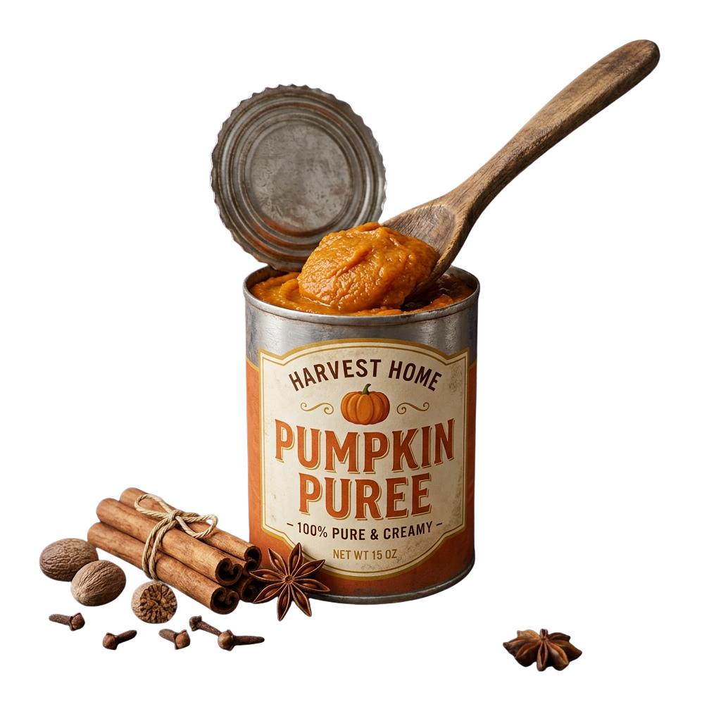 Open can of pumpkin puree with a wooden spoon inside, surrounded by cinnamon sticks, star anise, and nuts