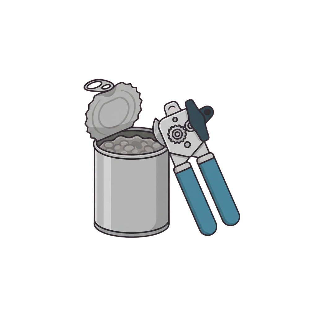 Illustration of a can opener lifting the lid off a can of food