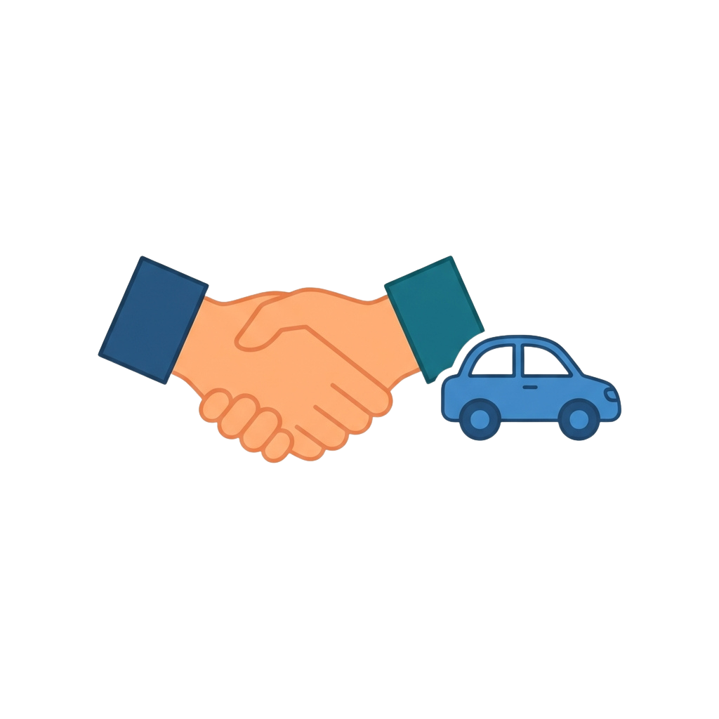 a handshake next to a blue car on a black background
