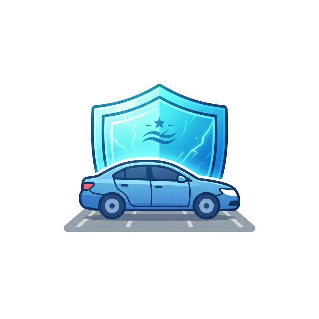 a blue car with a shield behind it