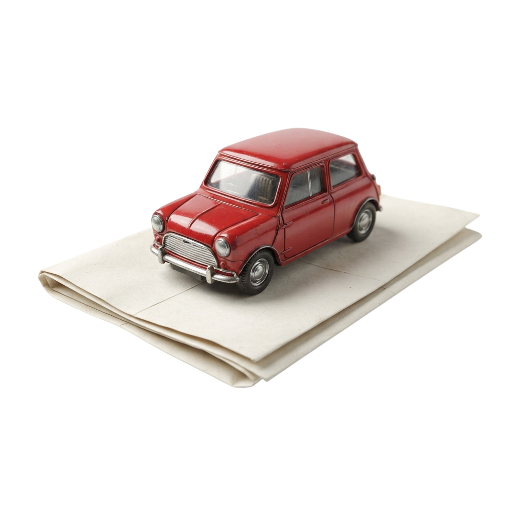 A small red toy car on a folded newspaper