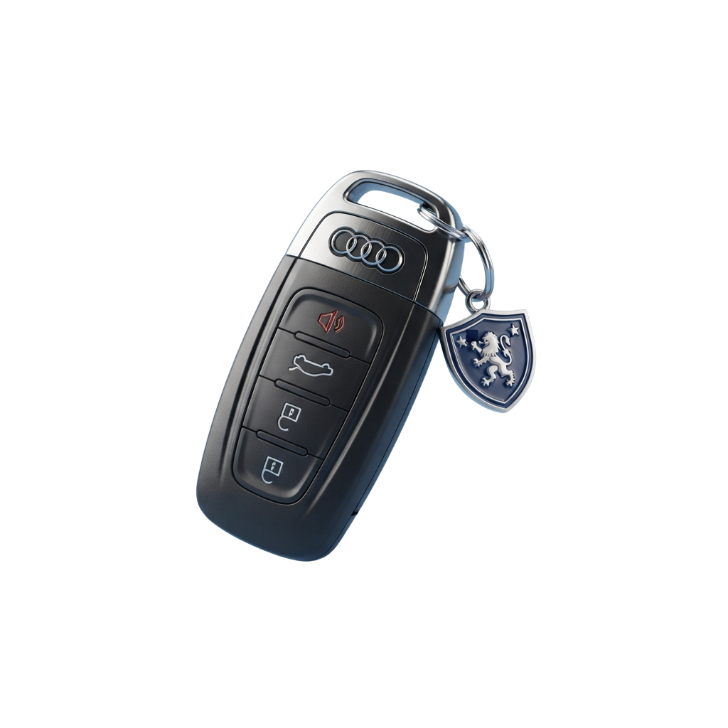 A sleek black car key fob with four buttons and a metallic keychain featuring a lion emblem.