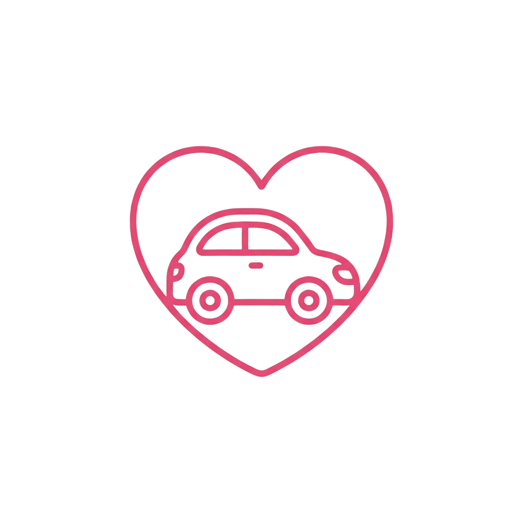 Pink line drawing of a car inside a heart