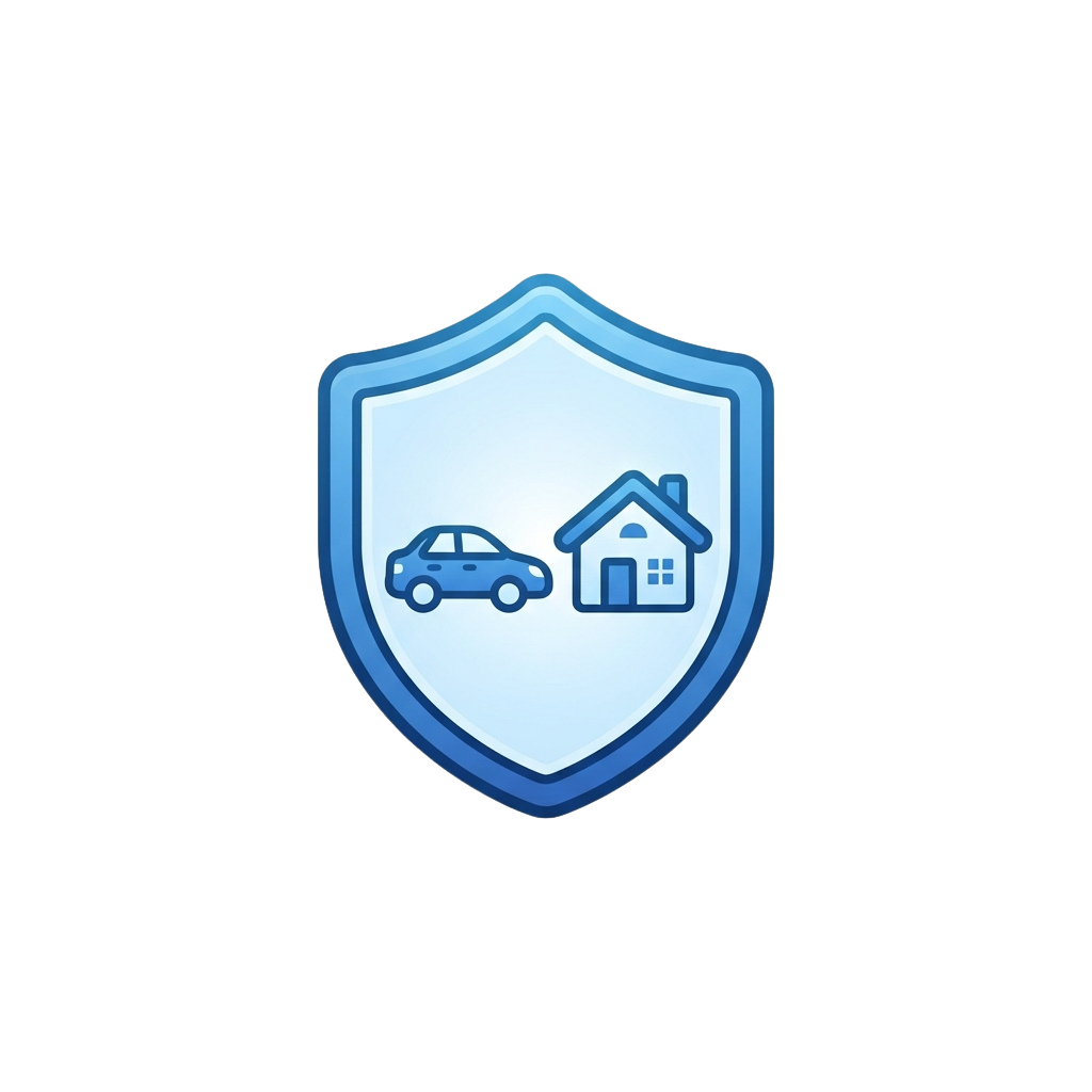 A shield icon featuring a car and house symbolizing security for home and vehicle protection