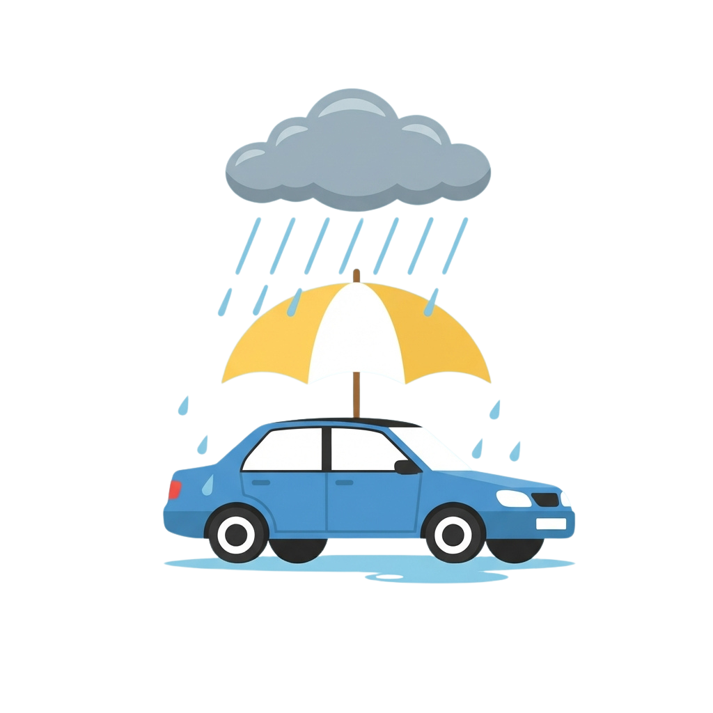 A blue car under a yellow and white umbrella on a rainy day