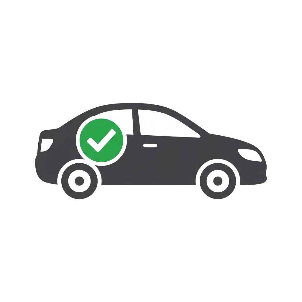 a dark gray car with a green circle and white checkmark on the door