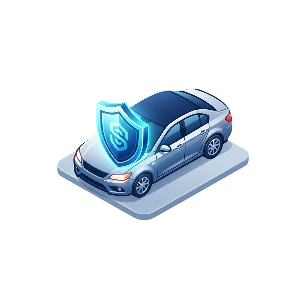 a silver car with a blue shield on the hood