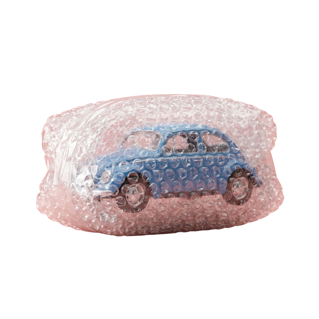 a blue car covered in pink bubble wrap