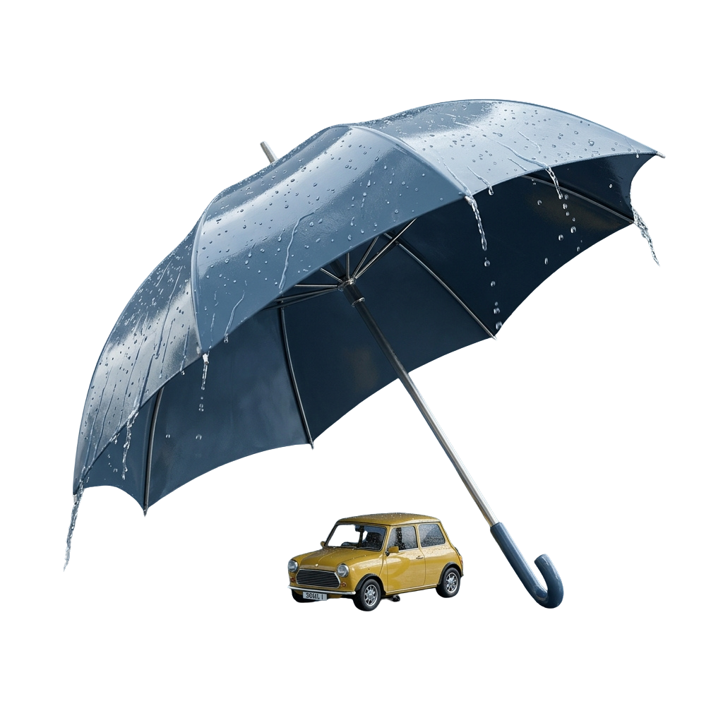 A large wet umbrella covering a small yellow car