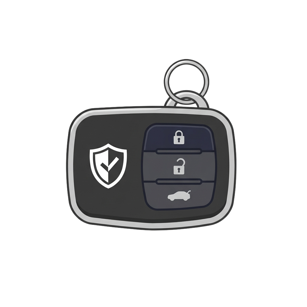 A car key fob with a shield and checkmark icon on the left and lock, unlock, and car buttons on the right