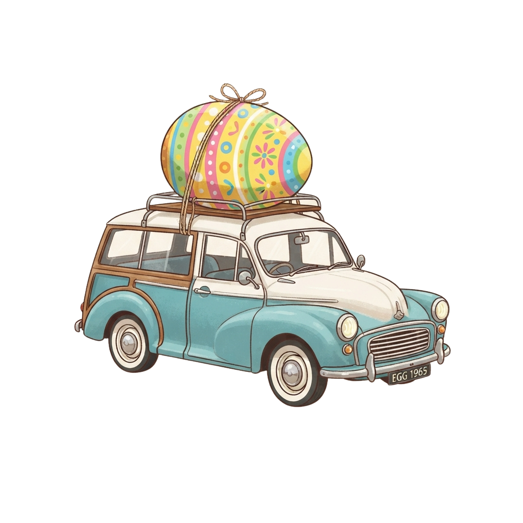 A large decorated Easter egg on a roof rack of a classic blue and white car