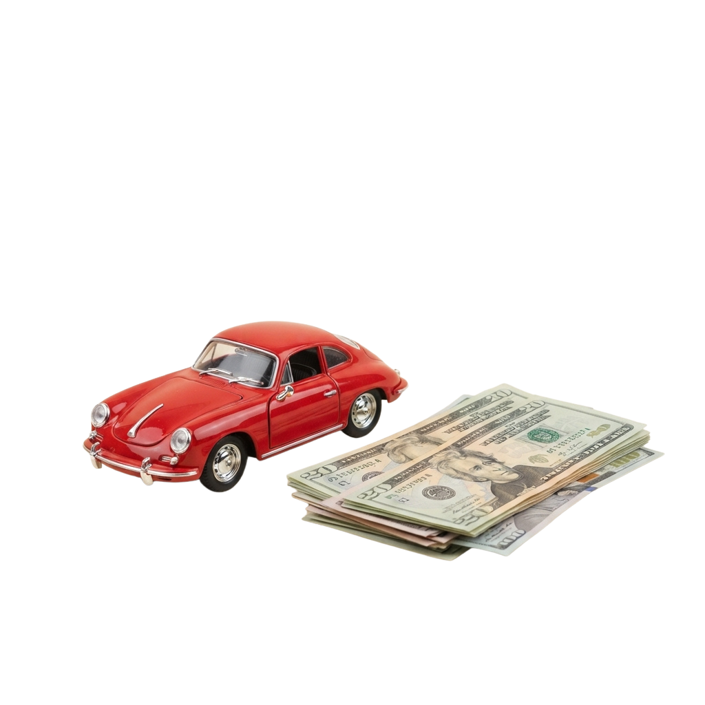 A small red vintage car next to a stack of US dollar bills
