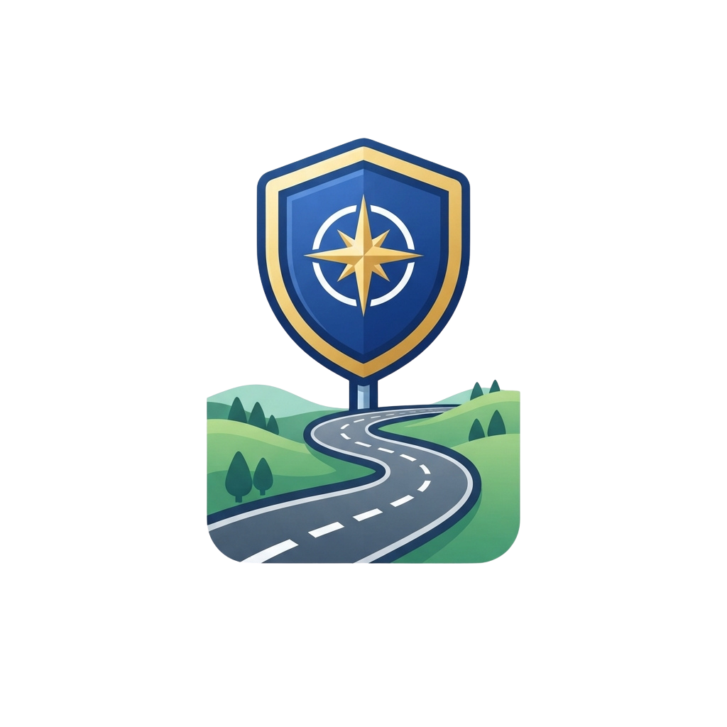 a blue shield with a gold compass on a road