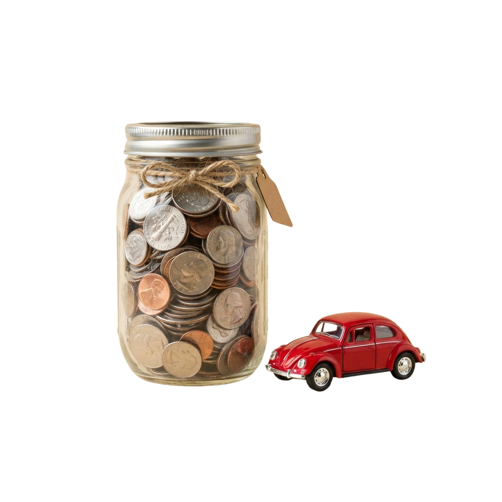A jar filled with coins next to a small red toy car
