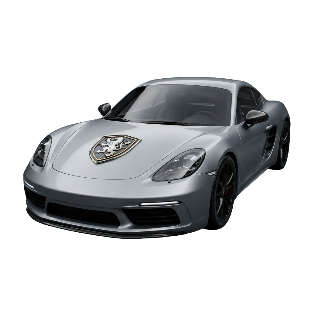 A silver sports car with a horse emblem on the hood