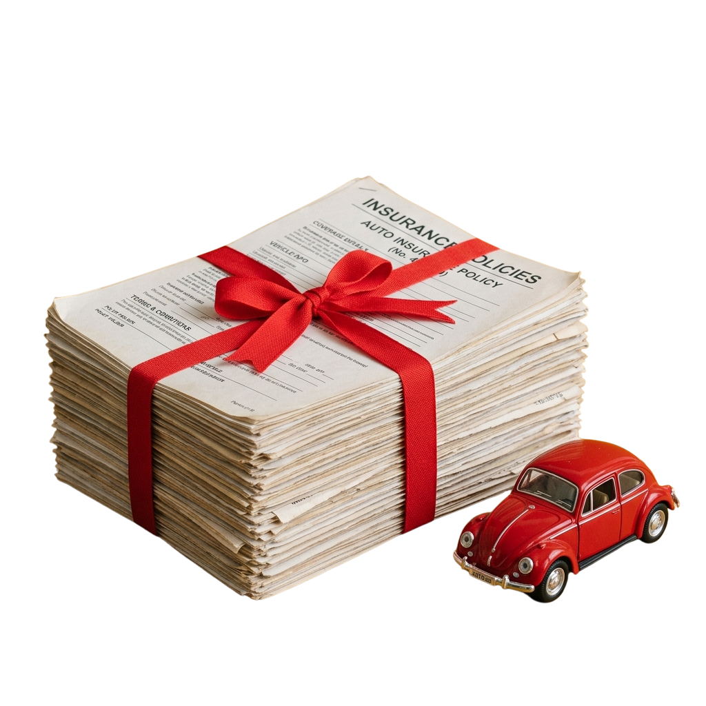 Stack of car insurance policies tied with red ribbon next to small red car