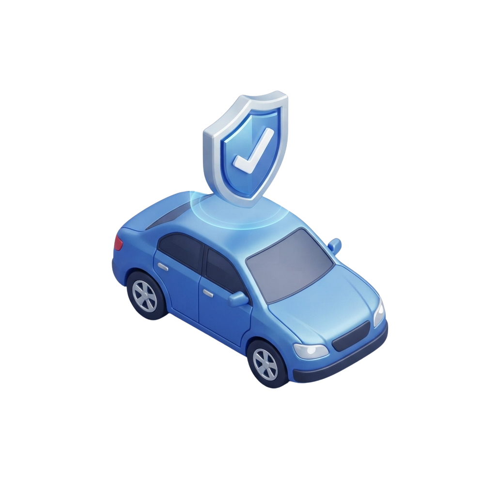 A blue car with a white shield containing a checkmark on top, symbolizing security and protection.