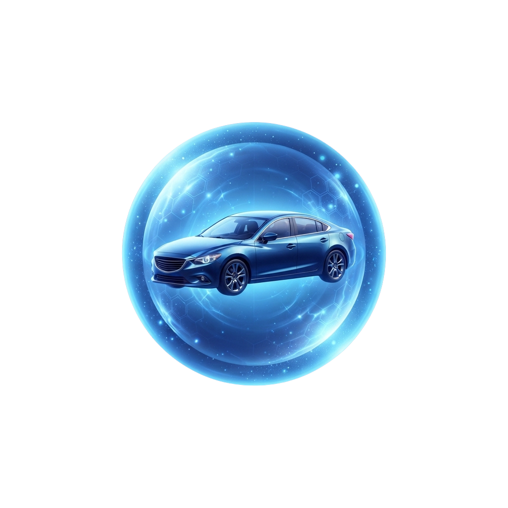 A sleek blue car centered inside a glowing blue orb with sparkling particles