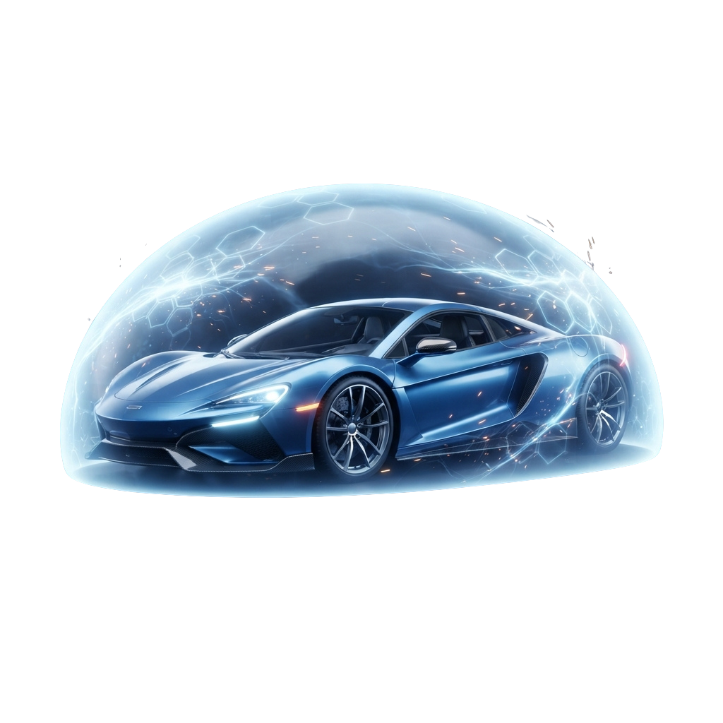 A sleek blue sports car enclosed in a glowing blue energy dome with light particles.