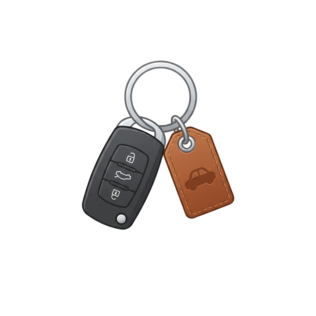 Key fob with three buttons and a small leather tag featuring a car icon attached to a keyring