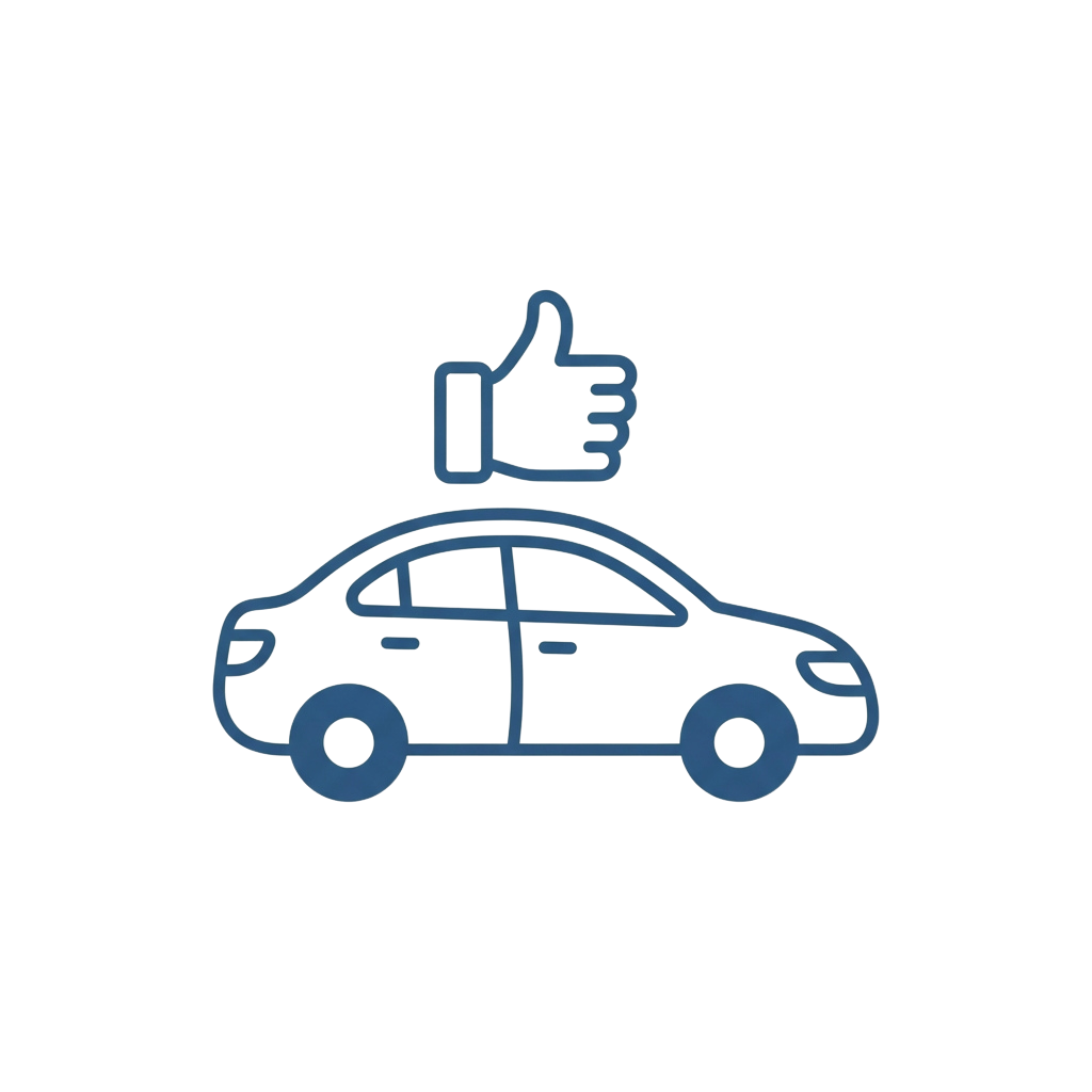 A blue outline of a car with a thumbs up icon above it
