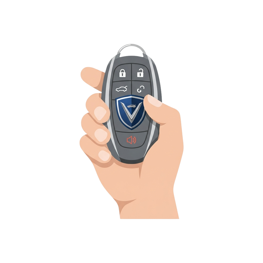 Illustration of a hand holding a car key fob remote control with various buttons and a shield logo