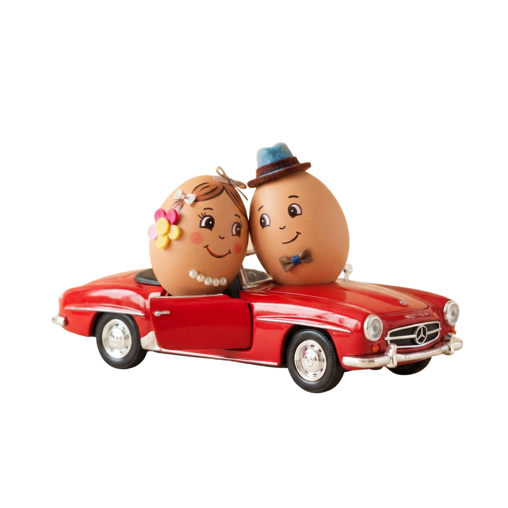 A figurine of a smiling egg couple in a red car