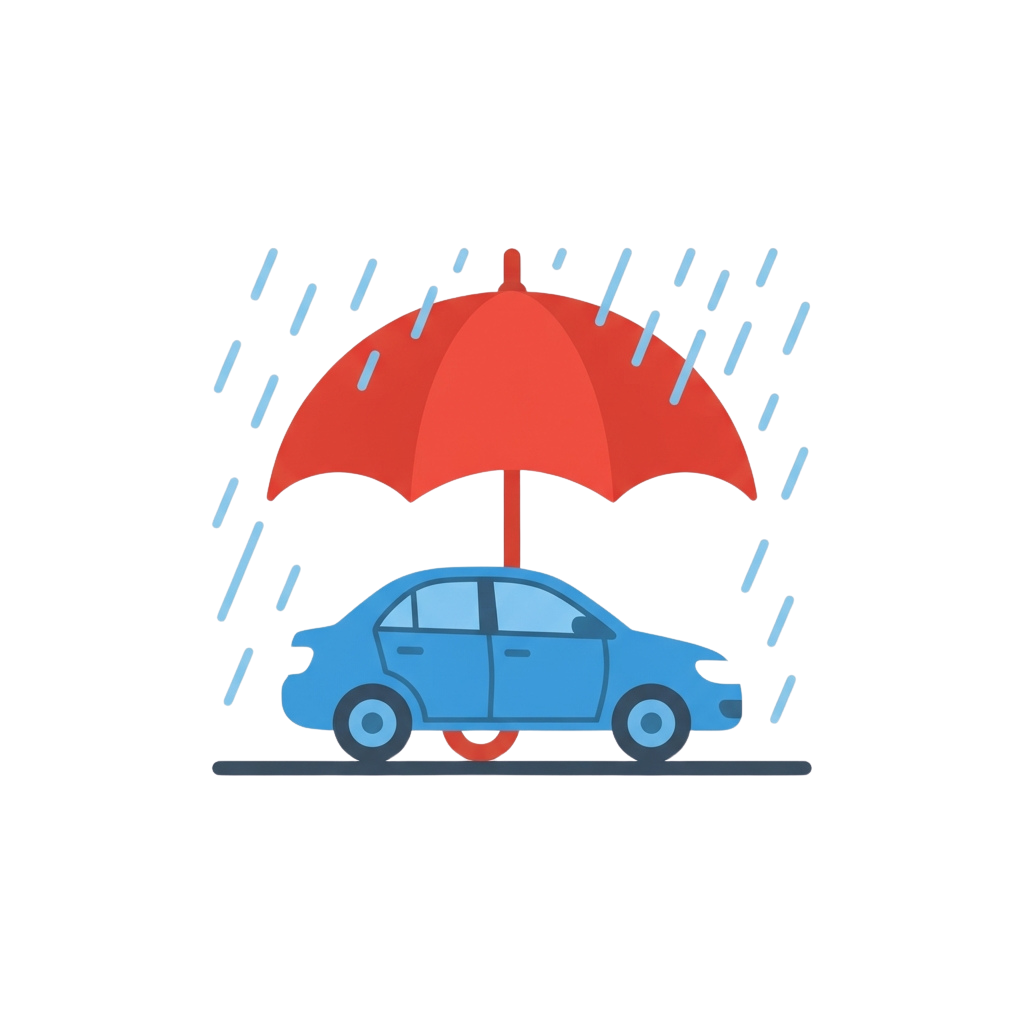 a blue car under a red umbrella in the rain