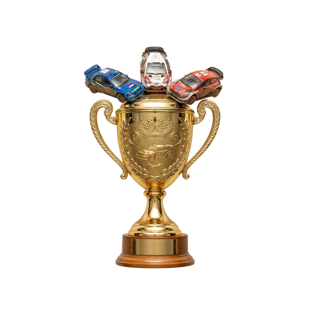 A gold trophy cup with three toy race cars on top