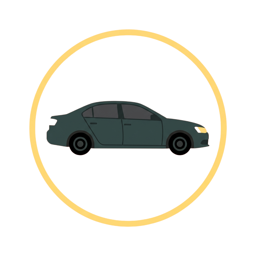 A green car inside a yellow circle on a black background