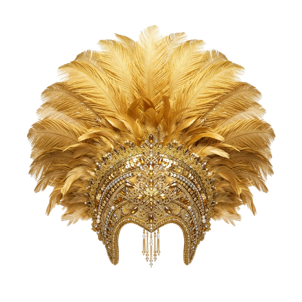 A luxurious gold headdress adorned with feathers and intricate bejeweled patterns.