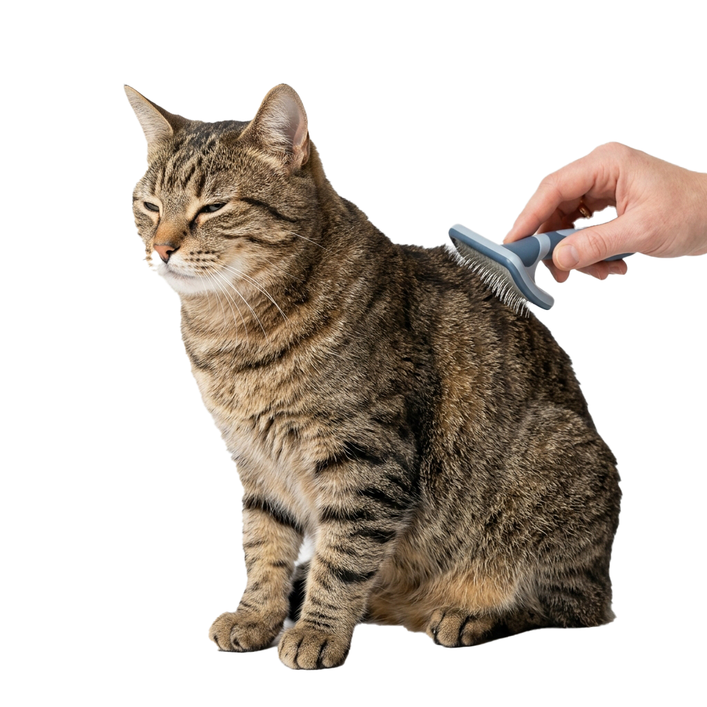 A tabby cat being brushed with a metal comb on its back by a human hand